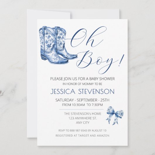 Blue Bow Baby shower Waterverf Kaart (Voorkant)