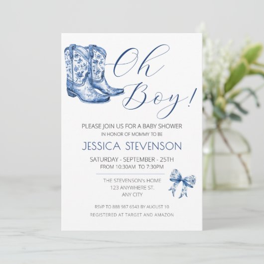 Blue Bow Baby shower Waterverf Kaart (Staand voorkant)