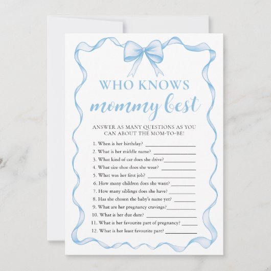 Blue Bow Baby shower Wie kent mama beste spel Kaart (Voorkant)
