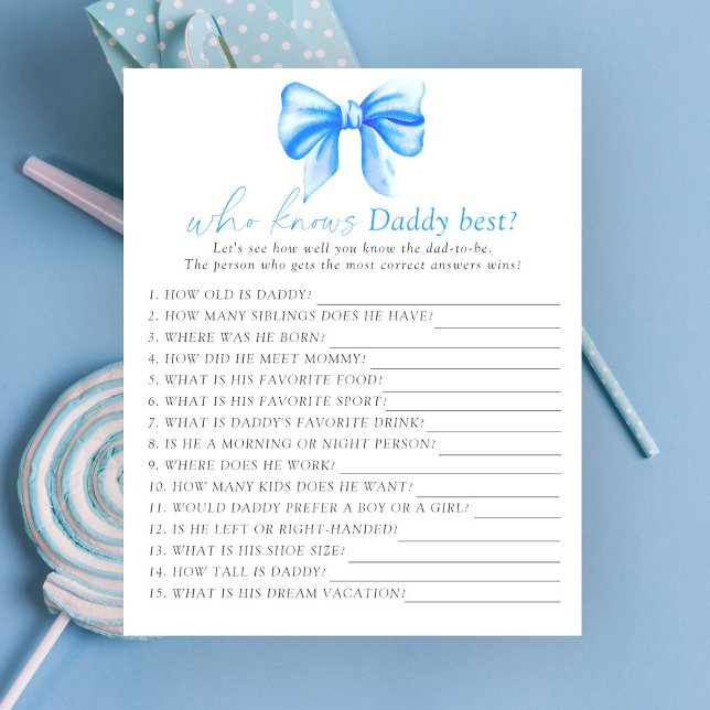 Blue bow baby shower Wie kent papa beste spel (Creator heeft geüpload)