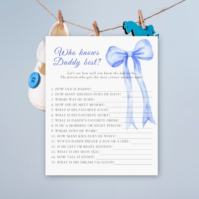 Blue bow baby shower Wie kent papa beste spel (Creator heeft geüpload)