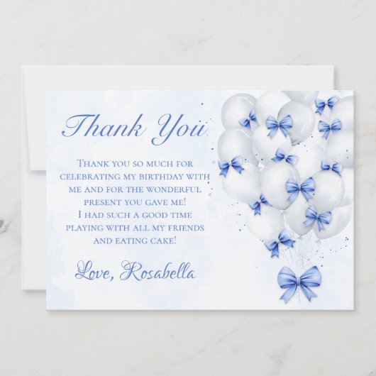 Blue Bow Balloons Meisje Verjaardag Bedankt Card (Voorkant)