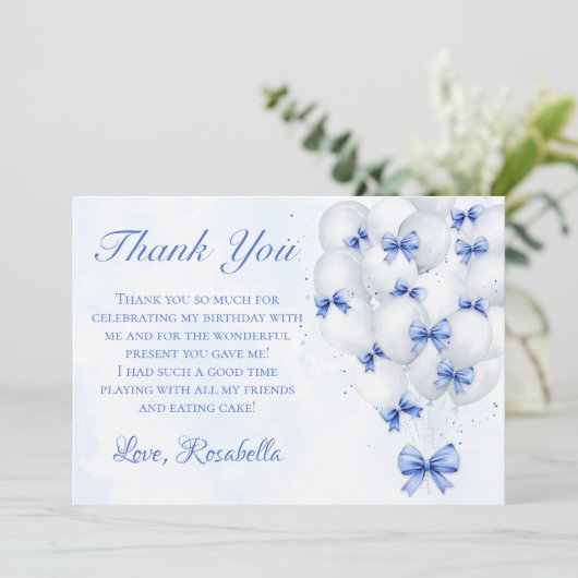 Blue Bow Balloons Meisje Verjaardag Bedankt Card (Staand voorkant)