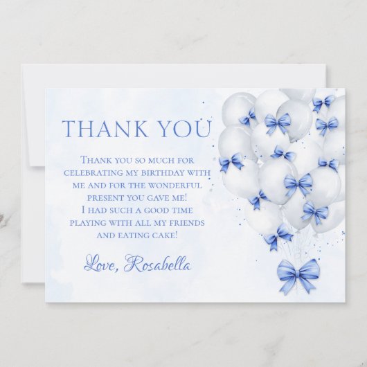 Blue Bow Balloons Meisje Verjaardag Bedankt Card (Voorkant)