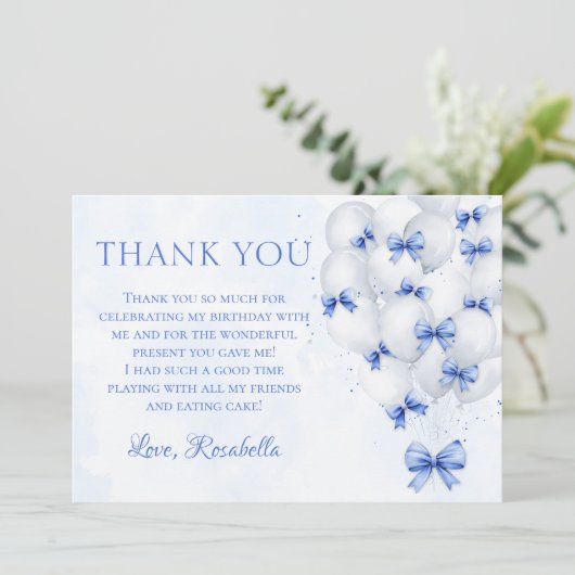 Blue Bow Balloons Meisje Verjaardag Bedankt Card (Staand voorkant)
