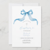 Blue Bow Baptism Invitation Baby Boy Baptism Kaart (Voorkant)