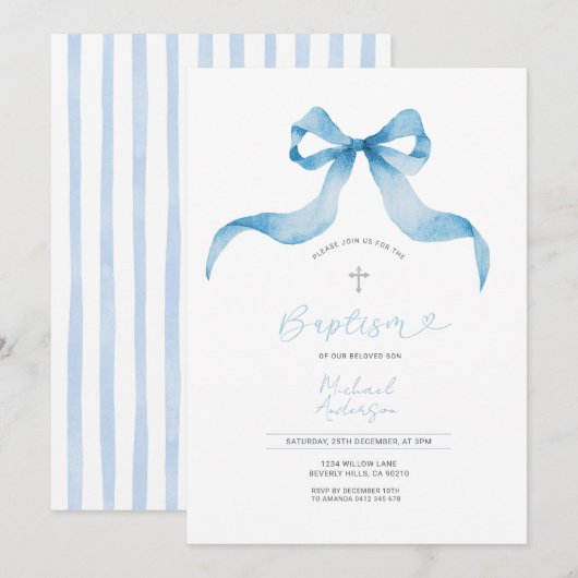 Blue Bow Baptism Invitation Baby Boy Baptism Kaart (Voorkant / Achterkant)