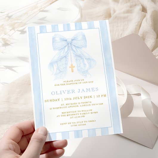 Blue Bow Baptism Invitation Kaart