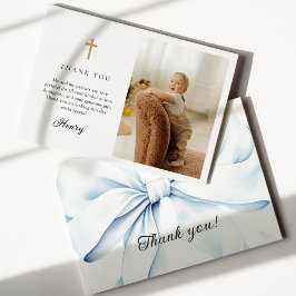 Blue Bow Baptism Photo Flat Thank You Card Bedankkaart
