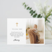Blue Bow Baptism Photo Flat Thank You Card Bedankkaart (Staand voorkant)