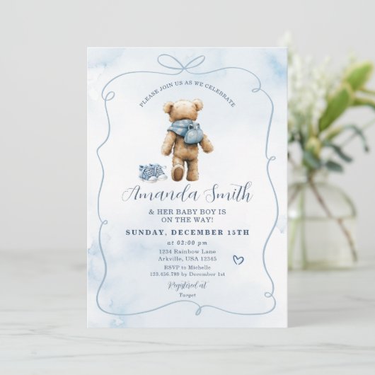 Blue Bow Beer Baby Shoes Boy Baby shower Kaart (Staand voorkant)