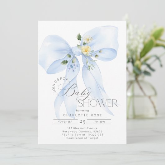 Blue Bow Bloemen Baby Boy Douche Kaart (Staand voorkant)