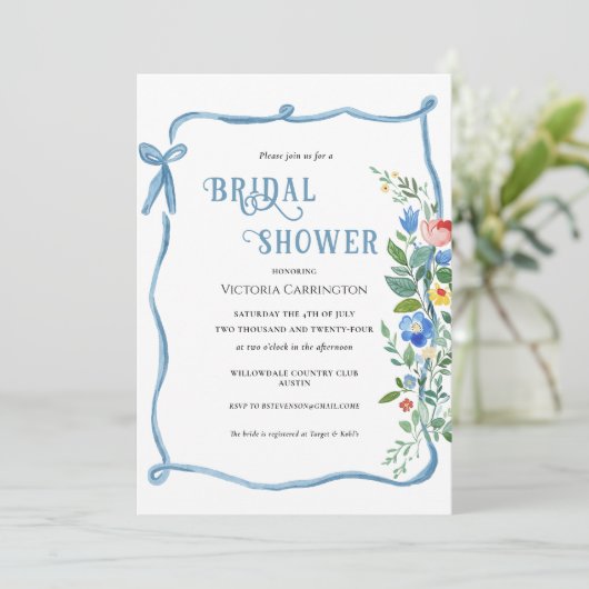 Blue Bow Bloemen Bruids Douche Uitnodiging (Staand voorkant)