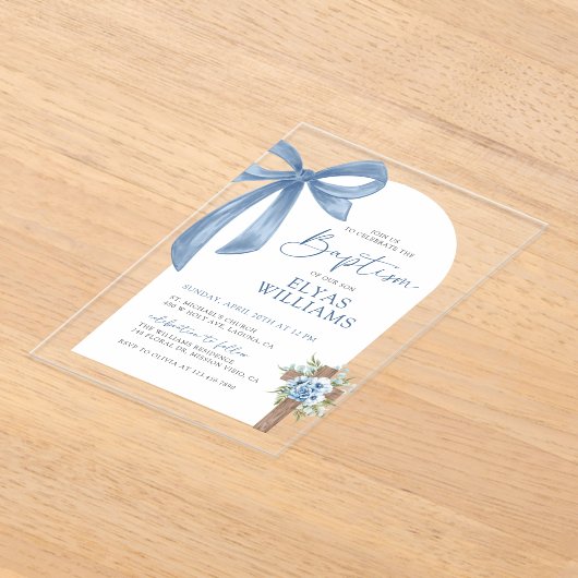 Blue Bow Bloemen Kruis Jongen Doop & Doop Acryl Uitnodigingen (Laagn)