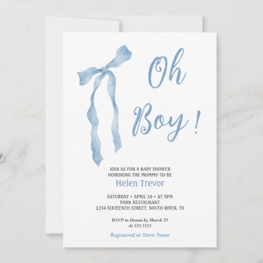 Blue bow boy baby shower eenvoudige uitnodiging (Voorkant)