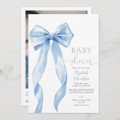 Blue Bow Boy Baby shower Foto QR-code Kaart (Voorkant / Achterkant)