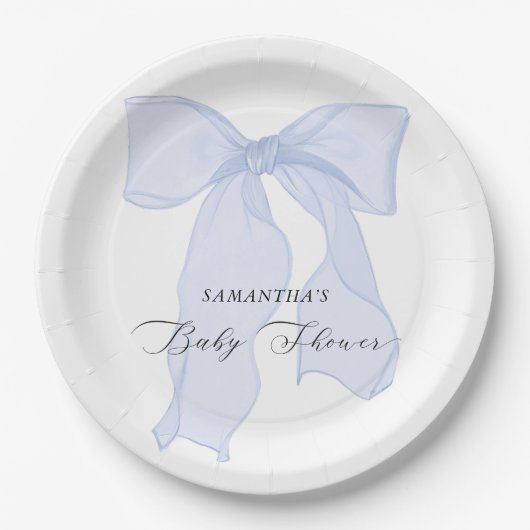 Blue Bow Boy Baby shower Invitation Papieren Bordje (Voorkant)