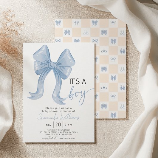 Blue Bow Boy Baby shower Kaart