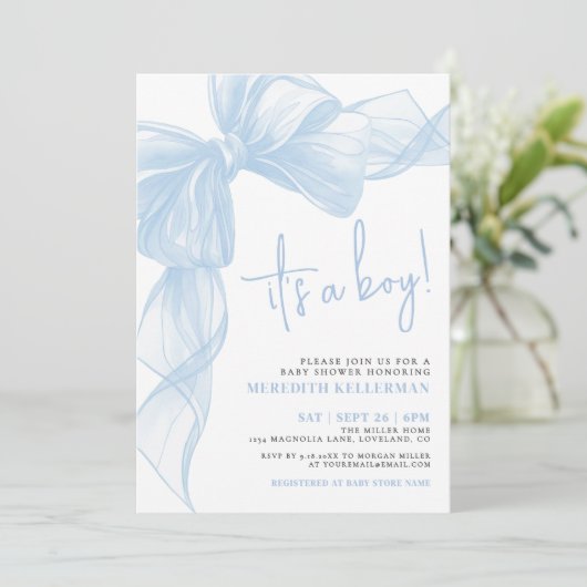 Blue Bow Boy Baby shower Kaart (Staand voorkant)