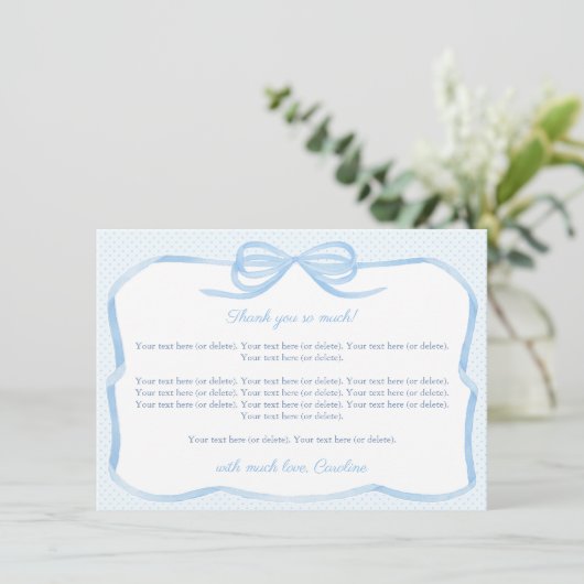 Blue Bow Boy Baby shower Party Bedankkaart (Staand voorkant)