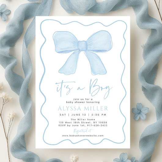 Blue Bow Boy Coquette Baby shower Uitnodiging