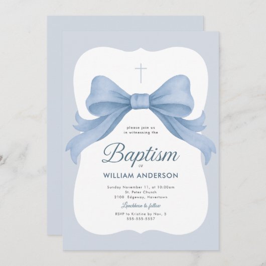 Blue Bow Boy Doop Uitnodiging met Kruiskrans (Voorkant / Achterkant)