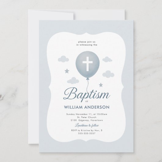 Blue Bow Boy Doop Uitnodiging met Kruiskrans (Voorkant)