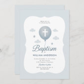 Blue Bow Boy Doop Uitnodiging met Kruiskrans (Voorkant / Achterkant)