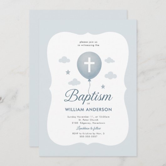 Blue Bow Boy Doop Uitnodiging met Kruiskrans (Voorkant / Achterkant)