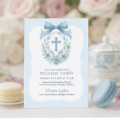 Blue Bow Boy Doop Uitnodiging met Kruiskrans