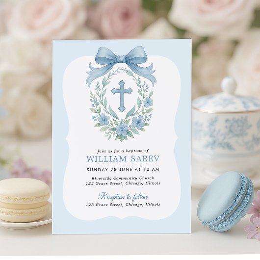 Blue Bow Boy Doop Uitnodiging met Kruiskrans