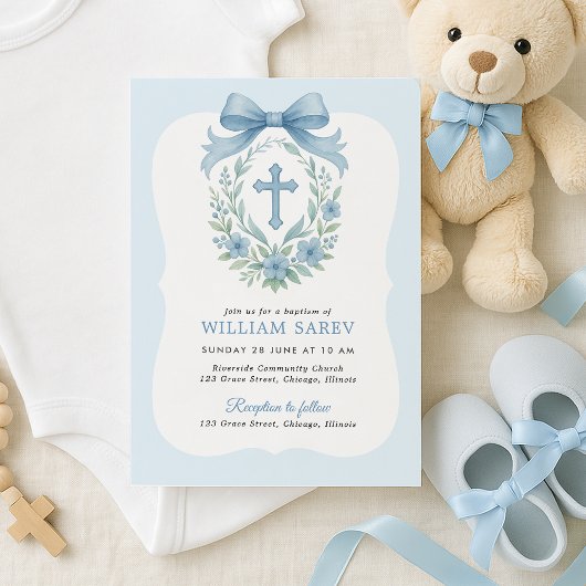 Blue Bow Boy Doop Uitnodiging met Kruiskrans