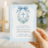 Blue Bow Boy Doop Uitnodiging met Kruiskrans