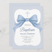 Blue Bow Boy Doop Uitnodiging met Kruiskrans (Voorkant / Achterkant)