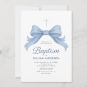 Blue Bow Boy Doop Uitnodiging met Kruiskrans (Voorkant)