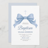 Blue Bow Boy Doop Uitnodiging met Kruiskrans (Voorkant / Achterkant)