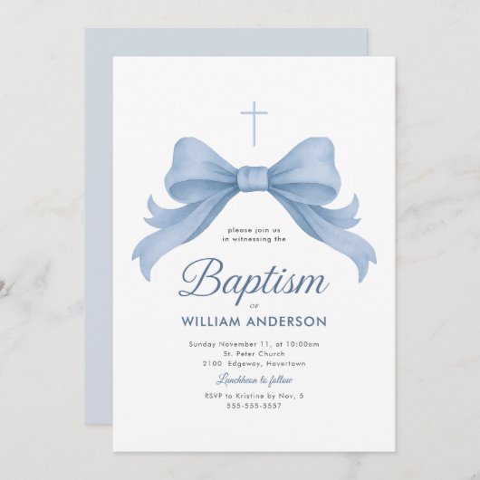 Blue Bow Boy Doop Uitnodiging met Kruiskrans (Voorkant / Achterkant)