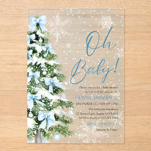 Blue Bow Boy Kerstboom Oh Baby Baby shower Acryl Uitnodigingen (Voorkant)