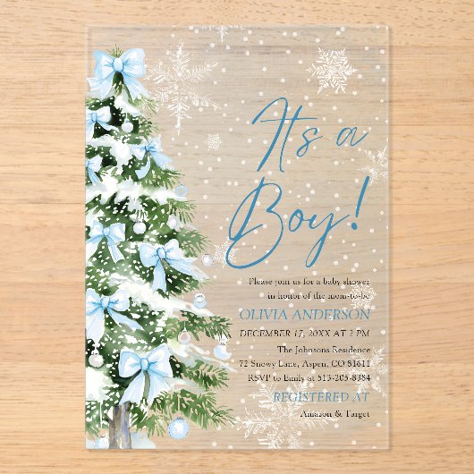 Blue Bow Boy Kerstboom Oh Baby Baby shower Acryl Uitnodigingen (Voorkant)
