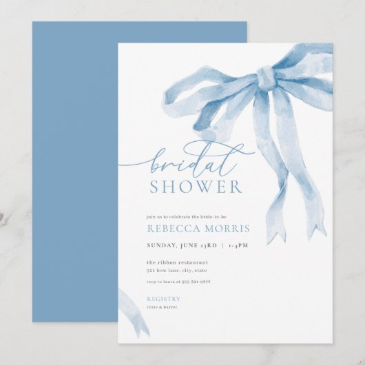 Blue Bow bruids douche uitnodiging Iets blauw (Voorkant / Achterkant)