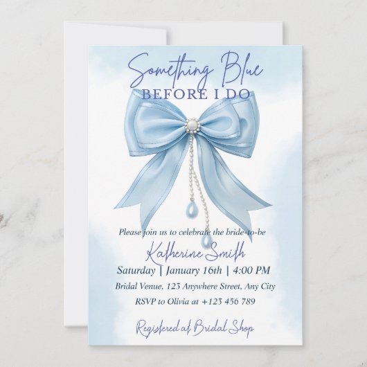 Blue Bow Bruids Douche Uitnodiging Sjabloon, Somet (Voorkant)