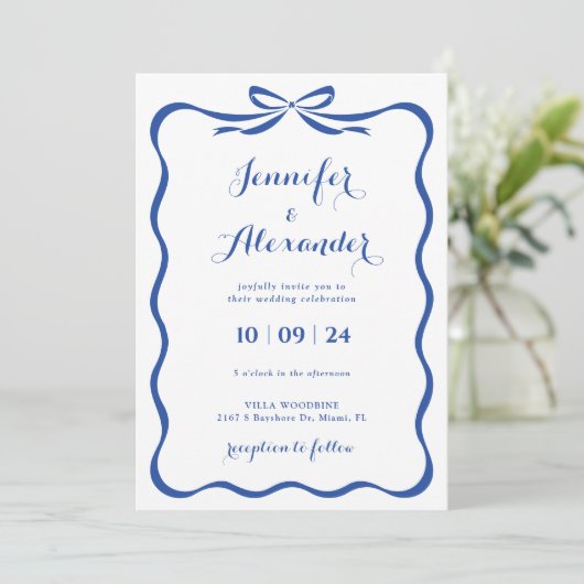 Blue Bow bruiloft uitnodiging (Staand voorkant)