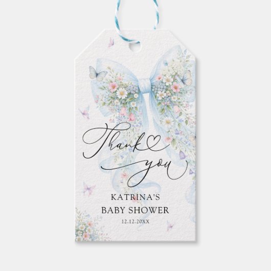 Blue Bow Butterfly Baby Shower Thank You Cadeaulabel (Voorkant)