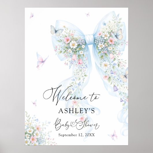 Blue Bow Butterfly Baby Shower Welcome Poster (Voorkant)