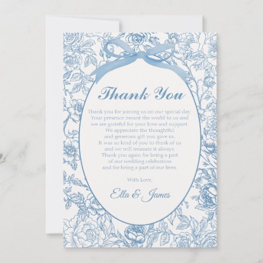 Blue Bow Chinoiserie Floral Wedding Dank u kaart (Voorkant)