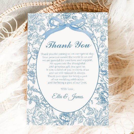 Blue Bow Chinoiserie Floral Wedding Dank u kaart