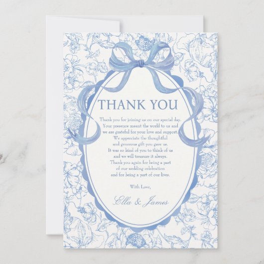 Blue Bow Chinoiserie Floral Wedding Dank u kaart (Voorkant)