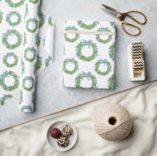 Blue Bow Christmas Boxwood Krans Cadeaupapier