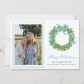 Blue Bow Christmas Boxwood Krans Foto Feestdagenkaart (Voorkant)