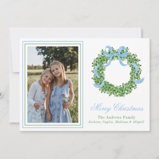 Blue Bow Christmas Boxwood Krans Foto Feestdagenkaart (Voorkant)